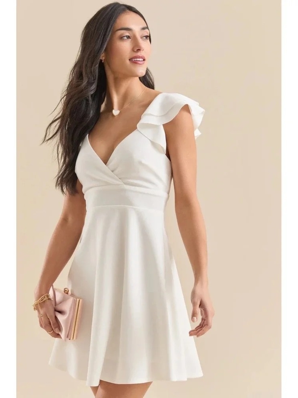 Altar'd State White Ruffle-Sleeve V-Neck Mini Dress